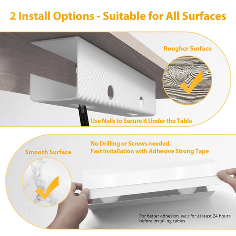 Two Pack Large Capacity Under Desk Cable Management Tray 31.5in Total Length 2x15.7in PVC Standing Desk Cord Organizer installation options