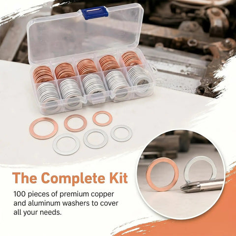 Oil Drain Plug Crush Washer Kit 100 Piece Set Copper And Aluminum Universal For Cars And Sedans M10 M12 M14 M16 M18