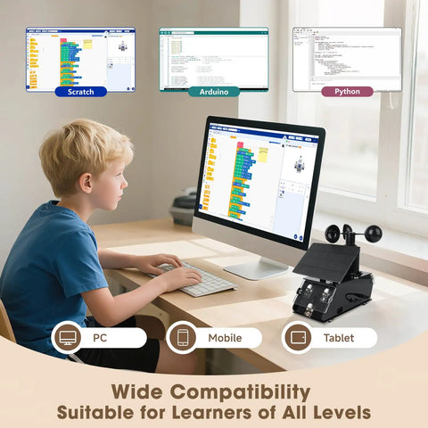 Awesome IoT Weather Station Kit For Indoor Outdoor Use With 8 Sensors And Solar Panel, ESP32 Compatible Arduino IDE Ready STEM Electronics Coding Kit For Teens And Adults, boy at PC