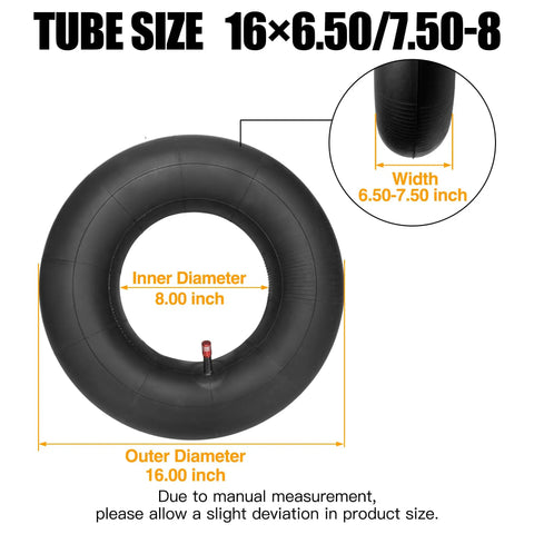 Heavy Duty Inner Tubes For 16x6.50-8 And 16x7.50-8 With Straight Valve Stem, dimensions showing 8 inch inner diameter