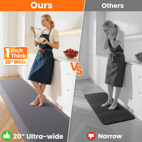 Comparison of One Inch Thick Comfy Anti Fatigue Kitchen Floor Mat with a narrow mat; features cushioning, 20" wide for kitchen use.