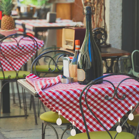 Red checkered tablecloth with 24 Piece Teardrop Tablecloth Weights With Marble Pendant Stones And Metal Clips For Outdoors