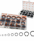 555-Piece External Snap Ring Kit With 19 Metric Sizes M3 Through M28 For Grooved Shafts, clear organizer with rings displayed