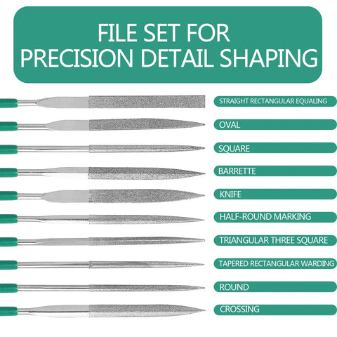 Diamond Needle File Set for Metal Plastic Wood 6.3 Inch 10 Shapes Hand File Kit with Box Durable Diamond Nickel Plated Files