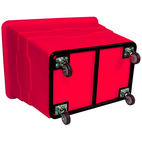 Commercial 16 Bushel Utility Cart With Steel Base And Poly Box Basket, bottom view showing wheels, red color