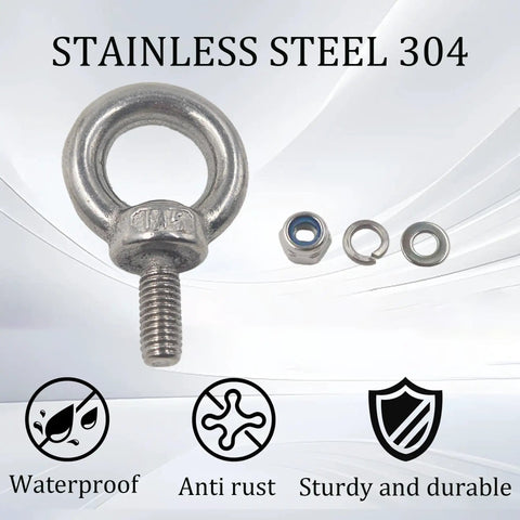 Beefy Five Piece Stainless Steel Eye Bolts Kit With Nuts And Washers For Heavy Duty Lifting And Rigging, Outdoor And Indoor Use, Corrosion Resistant M5 Threads, 1.37 Inch Total Length, 0.9 Inch Ring Outer Diameter, Great For Machinery And Swing, 304 stainless eye bolt with nut and washer