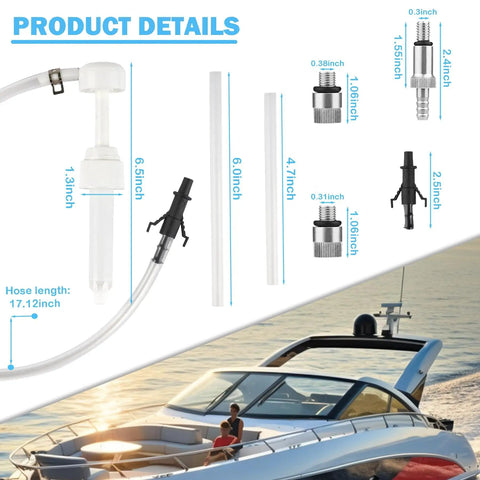 Lower Unit Gear Oil Pump For Marine Outboard Motors, Transmission Fluid Pump For Standard Quart Bottles with adapters and measurements.