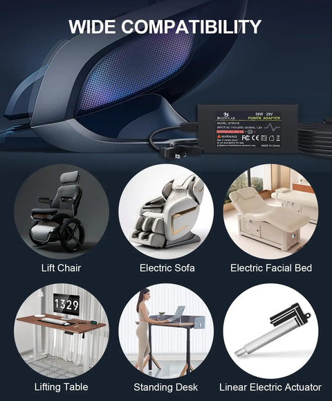 29V 2A Recliner Power Supply With 8.6 Ft Cord Rock Solid Plug And Play For Electric Recliners And Lift Chairs Broad Compatibility With Major Brands Like LaZBoy Ashley Pride Golden Catnapper Berkline OKIN Limoss Med Lift And More., black adapter shown with lift chair and electric sofa