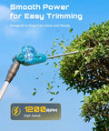 20V Cordless Pole Hedge Trimmer With 16 Inch Dual Action Blade pruning a tall bush, showcasing telescoping 8 foot pole in action.