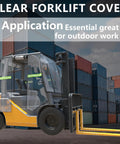 Clear PVC forklift cabin cover on yellow forklift in a container yard with stacked shipping containers.