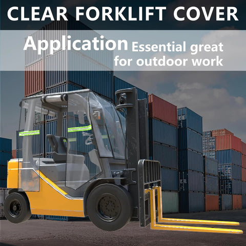 Clear PVC forklift cabin cover on yellow forklift in a container yard with stacked shipping containers.