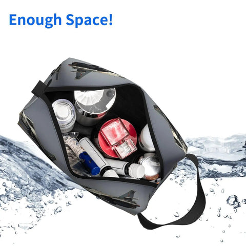 Open Fighter Jets Print Toiletry Bag For Men Travel Organizer Dopp Kit Shaving Case Water Resistant Oxford Cloth filled with items.