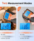 "Wood Moisture Meter For Firewood With Digital Pin Type Tester No Brainer Tool For Lumber And Building Materials Detect Water Dampness Visual High Medium Low Alerts For Easy Drying And Prevent Cracks" showing readings for wood and building materials.