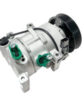 Top Shelf Air Conditioning Compressor With Heavy Clutch Quick Fix Fitment For Hyundai Accent And Kia Rio 2012 To 2017 close-up view showing connectors and pulley.