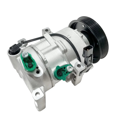 Top Shelf Air Conditioning Compressor With Heavy Clutch Quick Fix Fitment For Hyundai Accent And Kia Rio 2012 To 2017 close-up view showing connectors and pulley.