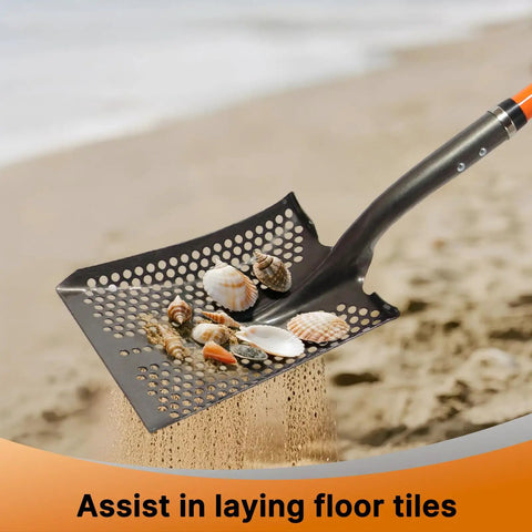 Sand Sifting Shovel With Orange Fiberglass Handle Built Tough For Rocks Chicken Coop Debris Soil And Beach Cleanup on beach