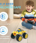 Child smiling while playing with a remote control car featuring child safety protection packaging.