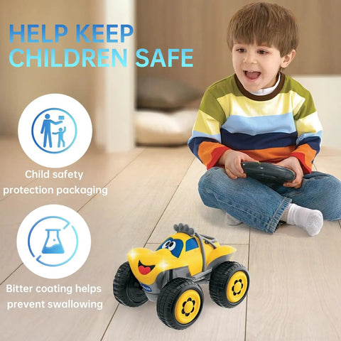Child smiling while playing with a remote control car featuring child safety protection packaging.