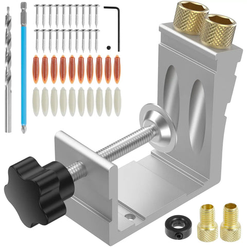 Pocket Hole Jig Kit For DIY Carpentry Pro Grade 15 Degree Angle Guide with drill locator and accessories on display