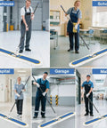 48 Inch Commercial Dust Mop Featuring Oversized Head Heavy Duty Floor Sweeper in various settings like storehouse, school, hospital.