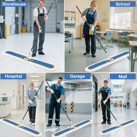 48 Inch Commercial Dust Mop Featuring Oversized Head Heavy Duty Floor Sweeper in various settings like storehouse, school, hospital.