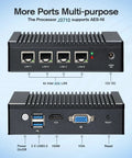 Fanless Firewall Mini Pc Powered By Intel J3710 Chipset And Four Native Two Point Five Gbps Ports With Aes Ni Support showing LAN ports and USB interfaces.