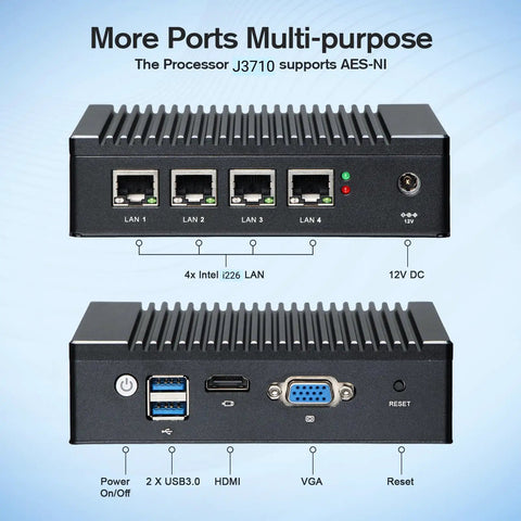 Fanless Firewall Mini Pc Powered By Intel J3710 Chipset And Four Native Two Point Five Gbps Ports With Aes Ni Support showing LAN ports and USB interfaces.
