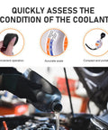 Smooth Operator Coolant And Antifreeze Tester Featuring Crisp Gauge Readout And Heavy Duty Rubber Bulb Universal Fit For Car Truck Motorcycle Keep Your Ride Sweet All Year Long, showing coolant being poured into a vehicle.