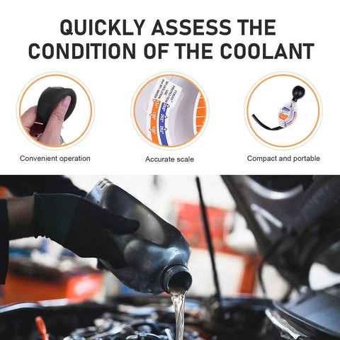 Smooth Operator Coolant And Antifreeze Tester Featuring Crisp Gauge Readout And Heavy Duty Rubber Bulb Universal Fit For Car Truck Motorcycle Keep Your Ride Sweet All Year Long, showing coolant being poured into a vehicle.