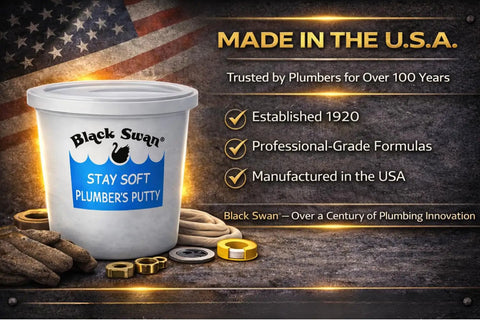 Stay Soft Plumber Putty 14oz with American flag, text "Made in U.S.A.," showcasing plumber's putty tub with sealant tools.