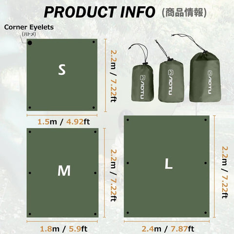 Waterproof Camping Tarp Footprint Ground Cloth Shelter Rain Fly For Outdoor Gear 5x7 Ft Army Green size chart and bags