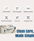 On The Go Mini Water Activated Towel Tablets, 56-count box, showing features like soft, lint-free, and no harsh chemicals.