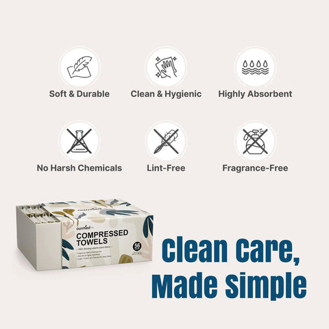 On The Go Mini Water Activated Towel Tablets, 56-count box, showing features like soft, lint-free, and no harsh chemicals.