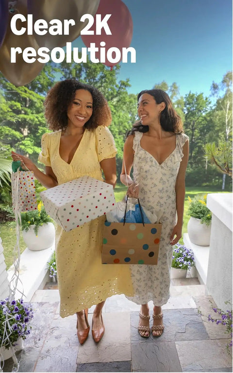 Two women at the door holding gifts, showcasing the Totally Wire Free Wireless Video Doorbell Camera With Killer 2K Definition And Head To Toe View Featuring Enhanced Audio And Sync Hub For Zero Drama Setup.