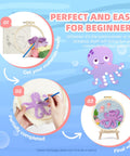 Easy Peasy Beginner Punch Needle Kit For Adults With All Tools And Materials Easy To Follow Instructions And Videos Water Soluble Pattern On Linen Axolotl And Octopus Design No Fuss Embroidery Starter For Relaxation And Skill Building, showing materials, in progress, and completed design