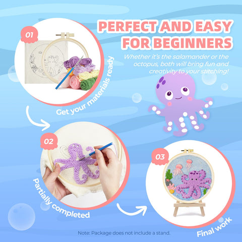 Easy Peasy Beginner Punch Needle Kit For Adults With All Tools And Materials Easy To Follow Instructions And Videos Water Soluble Pattern On Linen Axolotl And Octopus Design No Fuss Embroidery Starter For Relaxation And Skill Building, showing materials, in progress, and completed design