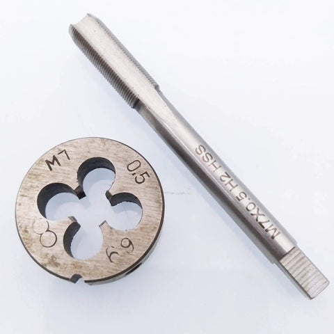 High Speed Steel M7 x 0.5mm Tap and Die Set shown with 66mm tap and 25mm die for DIY and auto projects, precise repair tools.