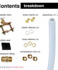 Component breakdown of Plug And Play Ice Maker Water Line Kit For Fridges And Freezers With One Quarter Inch By Twenty Five Feet Poly Tubing And Includes Quick Connect Saddle Valve And All Necessary Fittings And Adapters For Easy Installation.