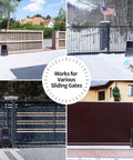 Heavy Duty Chain Drive Automatic Sliding Gate Opener for large driveways with remote control shown with various gate designs.