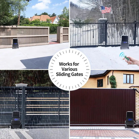 Heavy Duty Chain Drive Automatic Sliding Gate Opener for large driveways with remote control shown with various gate designs.