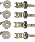Mossy Oak Camo Ratchet Tie Down Straps One Inch Wide By Ten Feet Long Four Pack with steel hooks and turning handles.