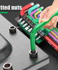 Check Out This Sick Extra Long Ball End Allen Wrench Set Covering 1.5 To 10mm Metric Hex Keys With S2 Steel Tough Build For Biking Auto Repair And Deep Hole Diy Projects That Get You Out Of Any Tight Spot Easily With Precision Colors. Angle accessing fitted nuts on metal panel.