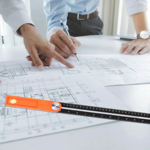 High Precision Carpentry Marking Ruler T Shaped Measuring Tool for Angles with double sided scale in use on blueprint