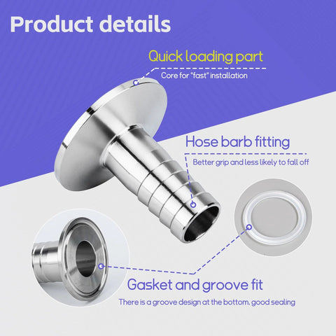 Two-pack stainless steel tri-clamp to 1-inch hose barb fittings with silicone gaskets and hose clamps