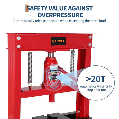 Built Tough 20 Ton Hydraulic H Frame Shop Press For Industrial Grade Stability And Floor Use Reinforced Carbon Steel Construction With Powder Coated Finish For Durability And Corrosion Resistance overpressure safety valve