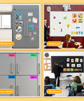 Children using cuttable magnetic sheets on refrigerator, whiteboard, iron cabinet, and blackboard for DIY projects and crafts.