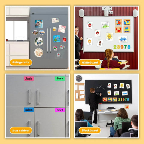 Children using cuttable magnetic sheets on refrigerator, whiteboard, iron cabinet, and blackboard for DIY projects and crafts.