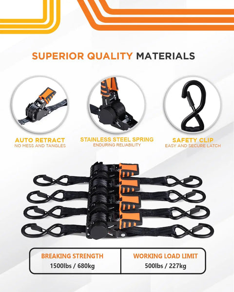 No-Tangle Auto Retractable Ratchet Straps 1 Inch by 6-Foot Four Pack with Rubber Coated Handles and S Hooks, 1500 Lbs Strength