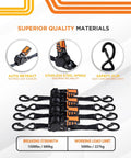 4 Pack Retractable Ratchet Straps 1 Inch By 6 Feet With Rubber Coated Steel Handles S Hooks And Beefy Hardware Self Retracting Tie Downs For Daily Use Hauling Bikes And Gear 1500 Lbs Break Strength Each showcasing materials and features.