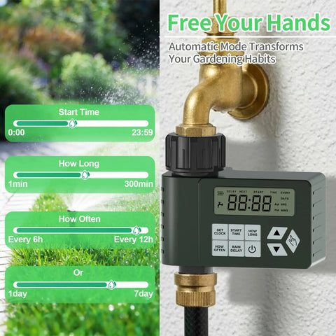 Hose Faucet Water Timer For Outdoor Garden Watering, Programmable Sprinkler Timer With Rain Delay, Manual And Auto Modes, IP67 Waterproof, mounted on outdoor faucet